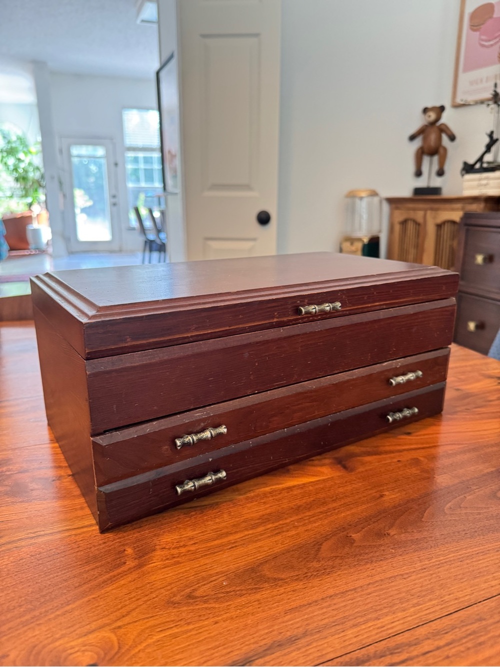 Vintage London Leather Wood Jewelry Box Chest With Interior Mirror 14" × 8" × 6"